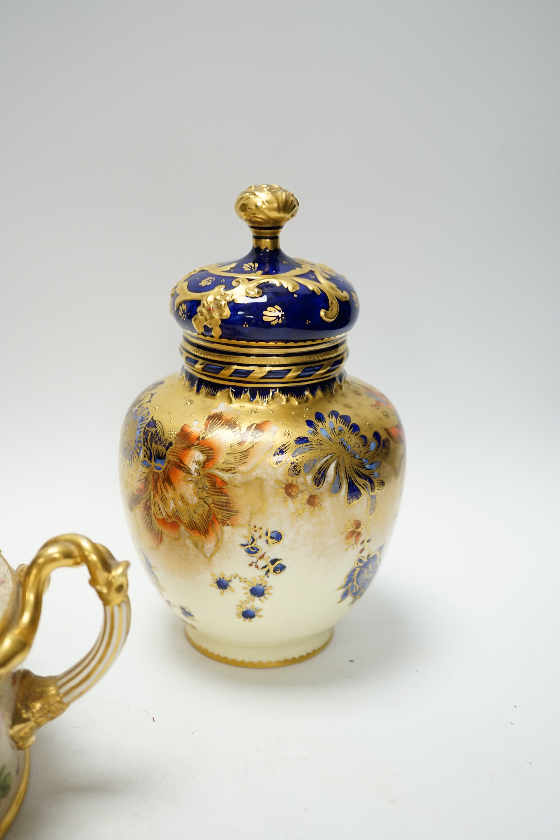 A Royal Crown Derby jar and cover and a English porcelain rose painted inkstand, c.1820, stand 25cm wide